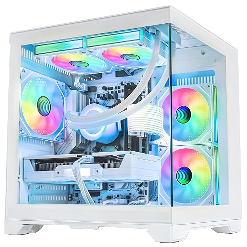 HOENGAGER Panorama Prebuilt Gaming PC, AMD Ryzen 7 5700X, GeForce RTX 5060, 32GB DDR4 RAM, 1TB NVMe + 1TB SATA SSD, 240mm AIO & Software Controlled ARGB Fans, Windows 11 Desktop Computer, White