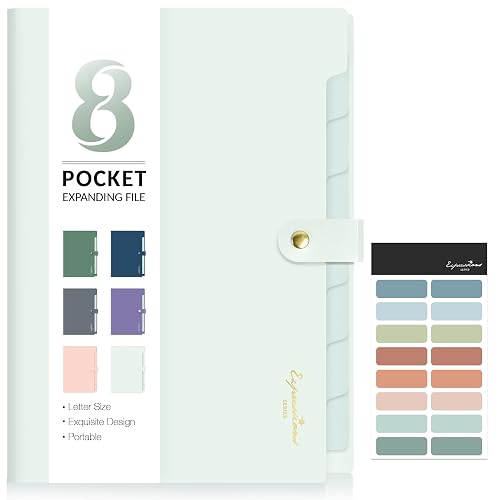 Sooez Elegant Accordion File Organizer, 8 Pocket Expanding File Folder | Portable Folders for Documents, Cute Paper Organizer with Label, for School Office College Supplies, Letter Size, Light Green