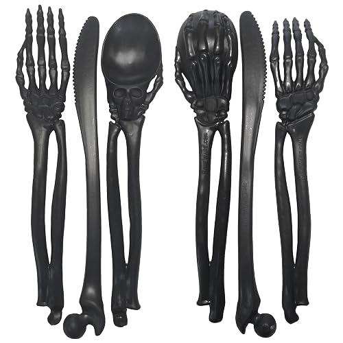 BoneWare Skeleton Shaped Plastic Silverware Plasticware Set: Reusable, Dishwasher Safe, Non Toxic, Heavy Duty Forks Spoons & Knives | Service for 4 | 12 Total Pieces (Black)