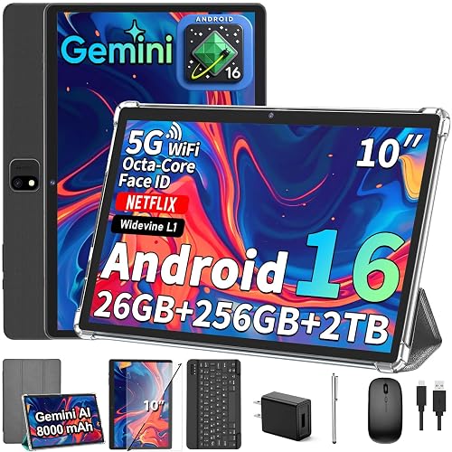 2026 Android 16 Tablet with Keyboard, 10 Inch Tablet with Gemini AI(Silver) | 26GB+256GB+2TB Expand, AI Electronic Tablet PC with 8-Core, WiFi, 8000mAh, GMS, GPS, 2 in 1 Tablet with Mouse, Case, Stylus