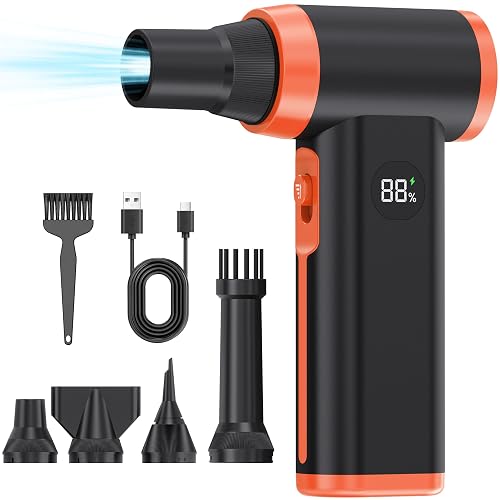 Larkeey Compressed Air Duster Rechargeable Electric Air Duster for PC Keyboard Mini Dust Blower 130000RPM Cordless Air Blower Jet Dryer Turbo Fan Handheld Blower for Car Home Office, Black-Orange