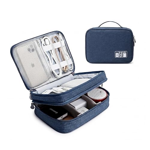 Lanola Travel Cable Organizer Bag, Electronic Accessories Case Portable Double Layer Cable Storage Bag for Cord, Charger, Flash Drive, Phone, SD Card,Personal Items - (Dark Blue)