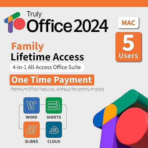 TrulyOffice 2024 Family Lifetime License for Mac | 4 in 1 All Access TrulyOffice Suite | Words, Sheets, Slides, and Cloud | 5 Users | Physical Activation Card