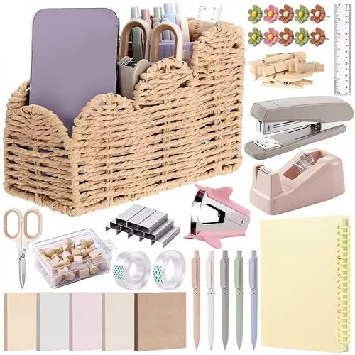 Maitys 79 Pack Boho Desk Organizers and Accessories Office Supplies, Aesthetic Desktop Organizer Set, Woven Desk Caddy Pen Holder, Stapler Tape Dispenser Kit, Neutral Table Decor Home Birthday Gift