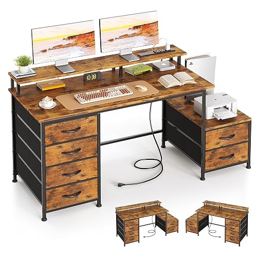 Flrrtenv 52 Inch Office Desk with 6 Drawers and Printer Space for Storage, Reversible Computer Desk with Monitor Stand & Power Outlets, Home Office Desks, Vintage Brown