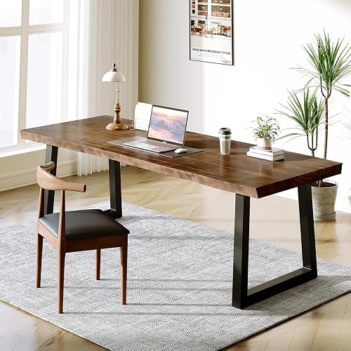 SXXjiaju Solid Wood Desk 55 inches, Home Office Computer Desk Wooden Rustic Writing Desk Metal Modern Simple Design Executive Real Wood Desk(Dark Brown)