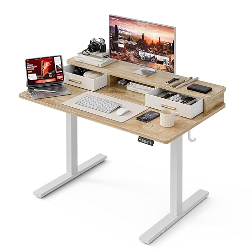 Grandder Electric Standing Desk with Two Drawers, Sit to Stand Up Height Adjustable Desk with Storage Shelf for Home Office, 47 * 24 Inch, Study, Ergonomic Adjustable Computer Desk, Oak
