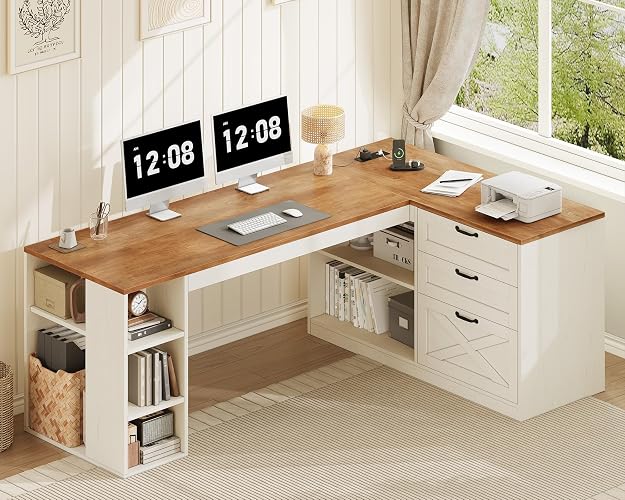 Farmhouse L Shaped Computer Desk with Drawers, Power Outlet for Home Office | Computer Desk with Storage Shelves, Home Office Desk with File Drawer and Shelves, Brown and White