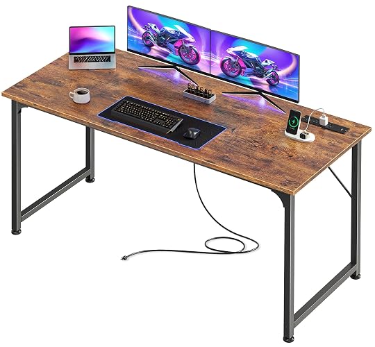 PRAISUN 55 X 20 Inch Computer Desk, Power Outlets, USB-C, Rustic Brown | Office Desk with 4 AC Outlets, USB & USB-C, Sturdy Metal Frame, Spacious Desktop for Work, Writing, Study & Gaming