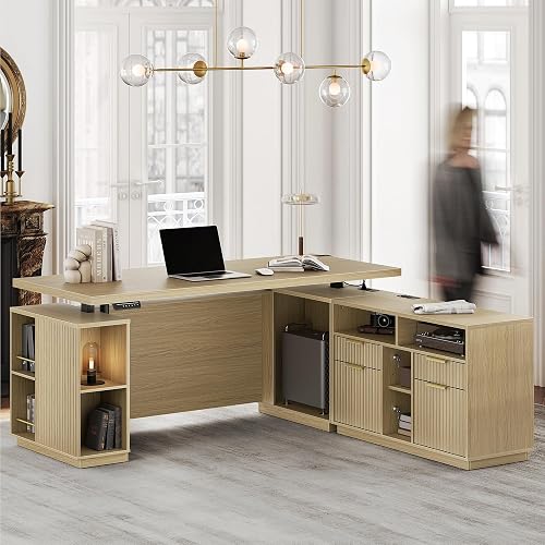 Perledesign Standing Desk with File Cabinet, 70 Inch L Shaped Electric Height Adjustable Executive Desk with AC/USB and Privacy Panel, Computer Corner Table for Home Office, Light Walnut