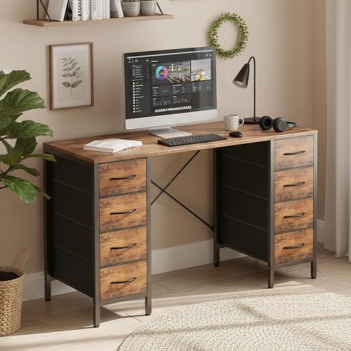 OLIXIS 47" Computer Desk with 8 Drawers, Home Office Workstation | Home Office Writing Desk for Gaming, Study & PC Work, Compact Table for Small Spaces, Bedroom Furniture, Dark Brown