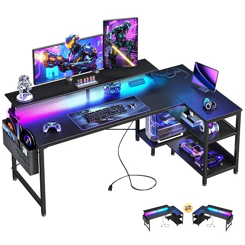 ODK 58 Inch L Shaped Gaming Desk with LED Lights, Power Outlets, Black | Adjustable Monitor Stand, Open Storage Shelves, Hanging Side Bag, PC Tower Stand, Reversible Layout for Gaming
