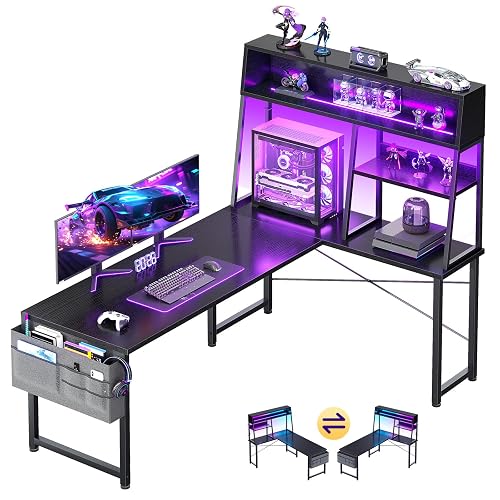 AODK 59 Inch L Shaped Gaming Desk with Display Shelves, LED Lights, Black | PC Tower Display Shelf, Display Hutch, Hanging Side Bag, Open Legroom, Reversible Layout for Gaming and Home Office