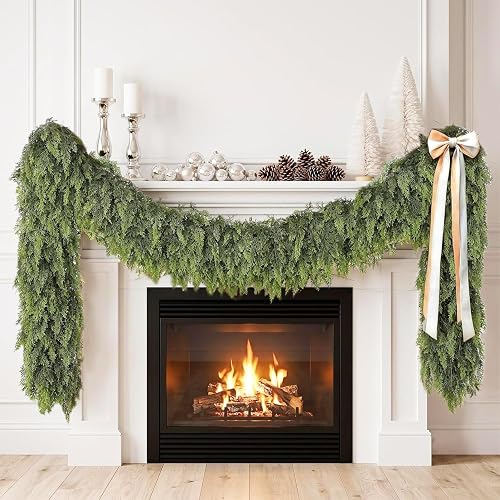 9FT Christmas Cedar Garland Real Touch - Thick & Full Artificial Cypress Greenery for Mantle, Fireplace, Stair, Table - Soft Realistic Winter Holiday Decorating, Christmas Decorations Indoor Outdoor