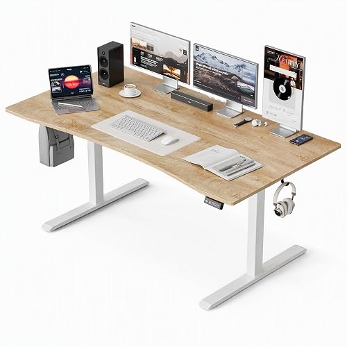 Grandder 63x32 Electric Standing Desk, Curved Oak Desktop | 32-Inch Deep Desktop; Curved Front Edge; Electric Height Adjustment; Dual-Monitor Workspace; Memory Presets