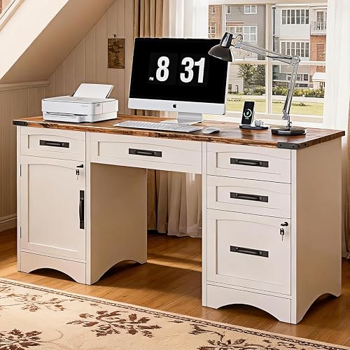 Decofy Farmhouse Executive Desk with Drawers, 55" Home Office Desks with Fast Charging Station, Lockable File Cabinet, Wood Writing Computer Desk for Work, Study