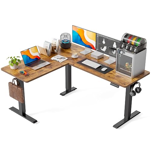 FEZIBO 63" x 55" L-Shaped Standing Desk - Adjustable Corner Desk L Shape, L-Shaped Adjustable Desk with Splice Board, L Shape Standing Desk, Rustic-Brown