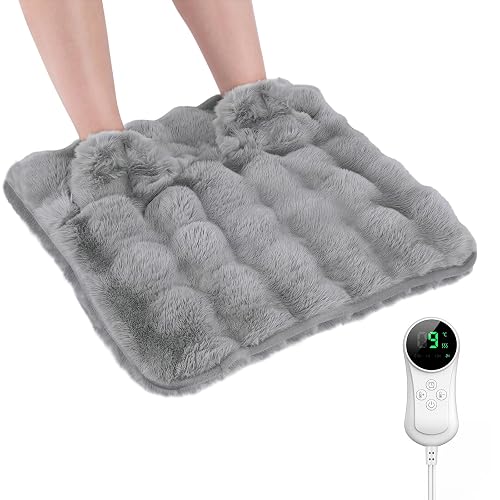 Electric Foot Warmer, Luxury Faux Fur Foot Heating Pad, Electric Feet Warmer Under Desk & Bed with 9 Heat Levels and 2H Auto Off, Double Warmth, 22x20inch, Grey