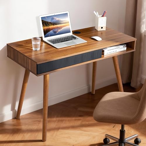 Walnut Wood Desk with Drawer, 42.5" Mid Century Modern Writing Desk | Drawer & Open Storage Cubby, Cable Grommet, Solid Wood Legs, Reinforced Structure for an Organized & Stable Workspace