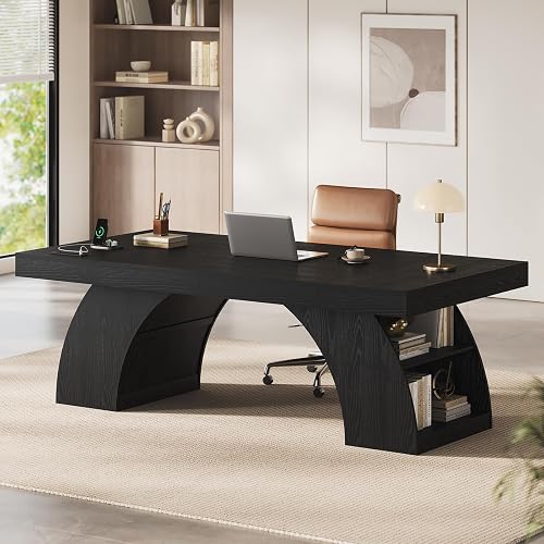 UPOSOJA 70.9 Inch Executive Desk, Large Office Desk with Power Outlet & Storage Shelves, Modern Aesthetic Computer Desks Wood Workstation Business Furniture Writing Table for Home Office (Black)