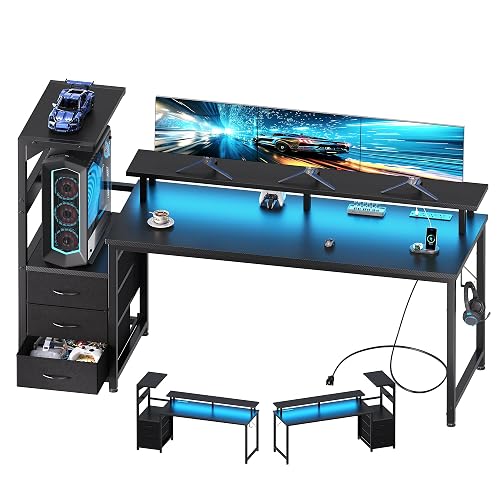 DUMOS 59” Reversible Gaming Computer Desk with Drawers and Power Outlet | Gamer Table with Side Hook LED Lights and Monitor Stand for Home Office Small Space Fits PC Towers, Black