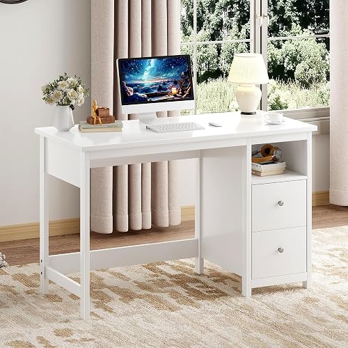 BHG 39.3" White Desk with Drawers,Small Computer Desk for Home Office | Study Writing Table,Computer Workstation for Small Spaces,Makeup Vanity Desk with Storage,Bedroom,Living Room
