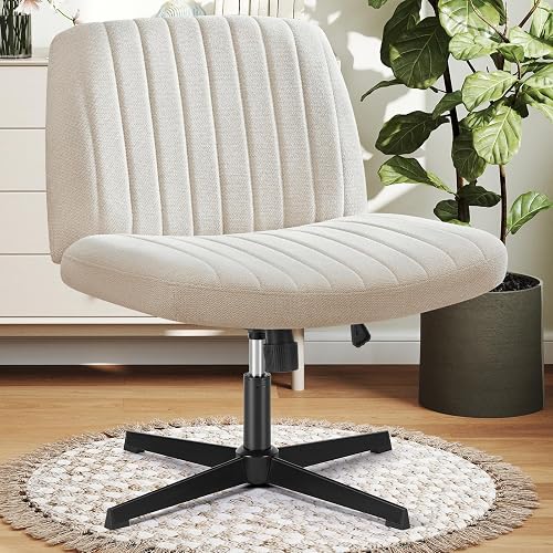 DUMOS Criss Cross Chair, Cross Legged Vanity Chair, Home Office | No Wheels, Comfy Fabric, Height Adjustable, Armless Wide Seat, Swivel, Computer Desk Task, Bedroom, Study, Beige