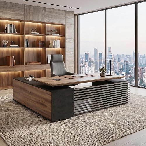 SAINTCY L Shaped Executive Standing Desk with Drawers, 78.74In Large Adjustable Heigh Office Desk with Power Outlet Hub,2.56" Thick Floating Desktop,for Home Office, Studio