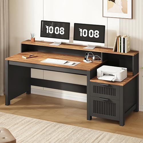 63" Fluted Computer Desk with Drawers & Printer Stand for Home Office | Wood Executive Desk with File Drawer & Storage Shelves, Office Desk with Power Outlets and Monitor Stand, Brown & Black