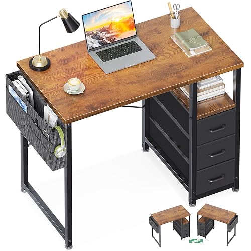 AODK 32 Inch Small Computer Desk with Fabric Drawers, Vintage | Mini Desk with Storage Shelf & Bag, Kids Study Desk for Bedroom, Home Office Desk for Small Space