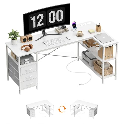 Alpen L Shaped Computer Desk, 47.2 Inch Corner Desk with Drawers and Power Outlets, Home Office Desk for Gaming, Study Writing PC Table with Storage and Reversible Shelf, White