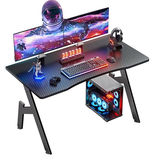 HLDIRECT 32 Inch Small Gaming Desk with Carbon Fiber Surface for Bedroom | A-shaped desk, ergonomic curved edge design, 200 lb weight capacity, dual-frame steel base, for home office & gaming setup
