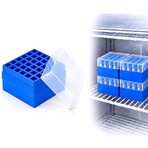 TrelaCo 4 Pack 36 Slots 15ml Centrifuge Tube Freezer Storage Box, Clear Lid | PP Numbered Grid Lab Freezer Box, 5.5x5.5x5 Inch Test Tube Holder Cryogenic Storage Boxes, Stackable Sample Organizer, Blue