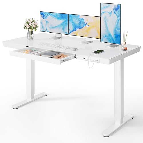 Marsail Glass Standing Desk, 55 x 28 Inch Electric Standing Desk,White | Storage Drawer, One-Piece Tabletop, USB Charging Ports, Sit Stand Design, White finish, Height Adjustment, Home Office