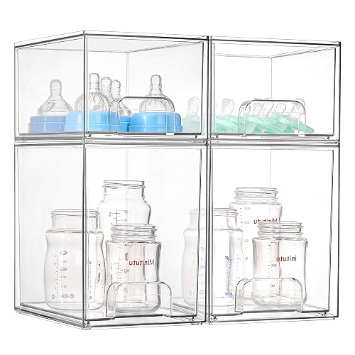 Vtopmart Clear Stackable Storage Drawers Set of 4, Baby Bottle Organizer | Multi-Purpose Plastic Boxes Ideal for Kichen Countertop, Vanity, Bathroom, Cabinet, Pantry Organization