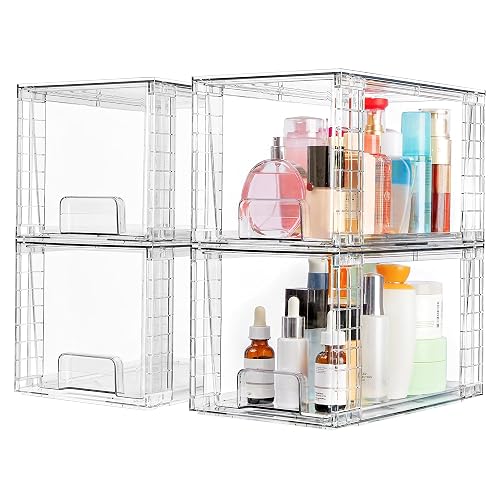 Vtopmart 4 Pack Large Stackable Storage Drawers, Clear | Easily Assemble Bathroom Closet Undersink Organizers and Storage Kitchen Cabinets,Pantry,Makeup,Medicine Organization