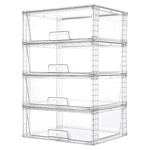 Vtopmart 4 Pack Large Clear Stackable Storage Drawers for Closet, Pantry | Easily Assemble Bathroom Undersink Organizers,Plastic Storage Bins for Cabinet,Kitchen Pantry Organization
