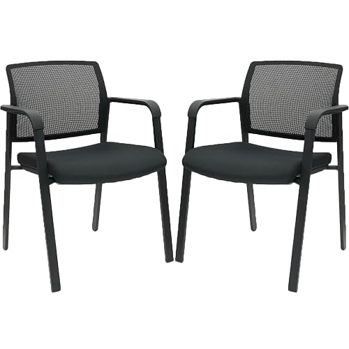 CLATINA Guest Reception Stacking No Wheels Desk Chair, Mesh Back Waiting Room Chairs with Arm Upholstered Fabric Seat and Ergonomic Lumbar Support for Office Conference School Church, Black (2 Pack)