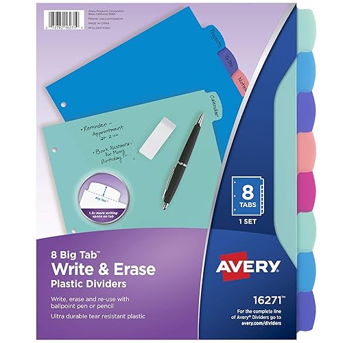 Avery Big Tab Write & Erase Dividers, 8-Tab, Pastel, 1 Set | For Organizing Reports and Projects, Tear-Resistant Plastic Tabs, Big Tab Extra Writing Space, For 3-Ring Binders