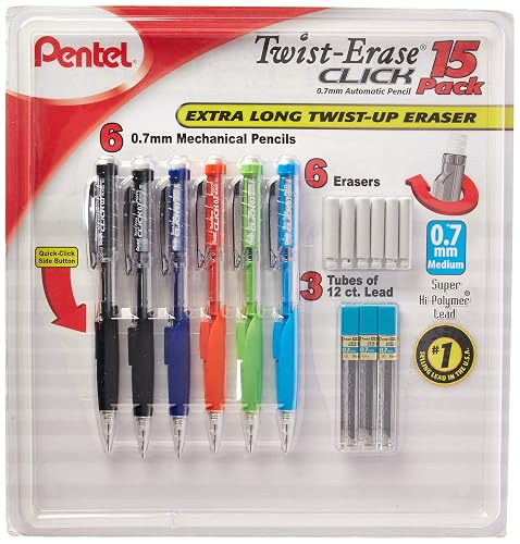 Pentel Twist-Erase Click Mechanical Pencils 0.7mm, HB #2, School Supplies, Teacher Supplies, Drawing Sketching pencils, Assorted Barrel Colors- 6 Mechanical Pencils, 6 Erasers, 3 Tubes of Lead Refills