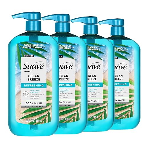Suave Ocean Breeze Moisturizing Body Wash with Glycerin & Vitamin E, Hydrating Formula For Soft, Smooth Skin, Long Lasting Fragrance, 30 FL OZ Pump, 4 Count