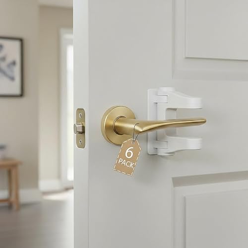 Lever Door Handle Child Locks 6 pack,3M Adhesive No Tools Need, Durable ABS | One-Hand Use, Valued 6 Pack, Toddler prevention + Childproofing, Easy quick install yet keep safe, Baby Proofing