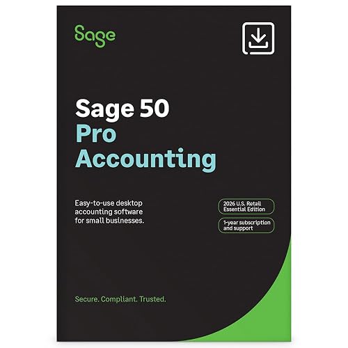 SAGE 50 Pro Accounting 2026 U.S. Retail Essential Edition | PC Online Code | 1-user, 1-year subscription with bookkeeping, invoicing, inventory management, and financial reporting tools.