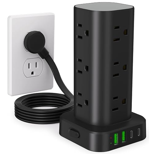 6FT Power Strip Tower Surge Protector, 12 Wide Spaced Outlets, 4 USB | 16-in-1 Desktop Charging Station with 2USB-C,2USB-A, Flat Plug, 6FT Cord, 1800J Surge Protection for Home Office, Dorm Black