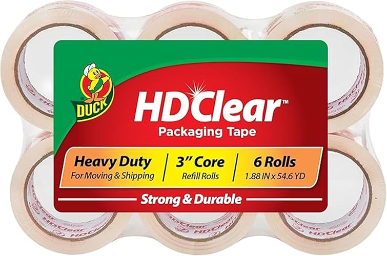 Duck HD Clear Heavy Duty Packing Tape Refill Rolls, 2 in Wide, 6 Rolls | 1.88 in x 54.6 Yds, HD Means Heavy Duty Packaging Tape for Packing and Moving Boxes, Mailing, Shipping & Storage, 3 inch Core
