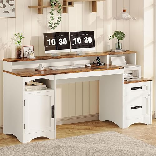 Decofy Computer Desk with Drawers and Printer Stand Large Office Desk | Farmhouse Deep Standing Desk with File Cabinet, Charging Station and Adjustable Shelves