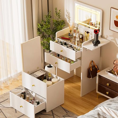 COMHOMA Makeup Vanity Desk with Mirror and Lights, Small 3 in 1 Vanity Table with Visible Glass Top, Flip Top & 3 Drawers, Compact Dressing with Storage Stool for Room or Office