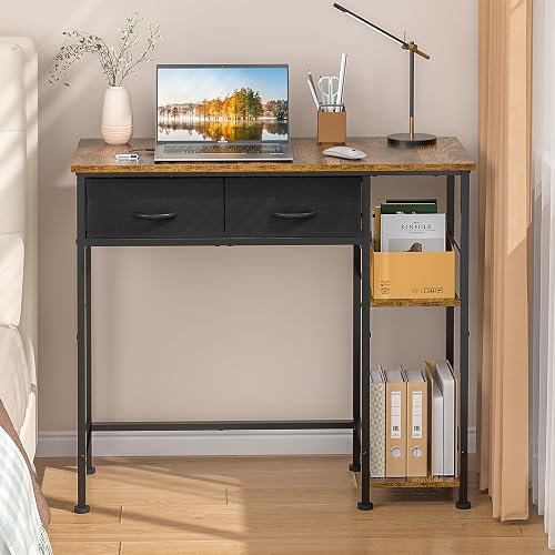 DAOUTIME Small Computer Desk, 36 Inch Writing Desk with Drawers & Storage Shelves, Home Office Writing Desk for Small Spaces, Bedroom, Living Room, Dorm, Rustic Brown