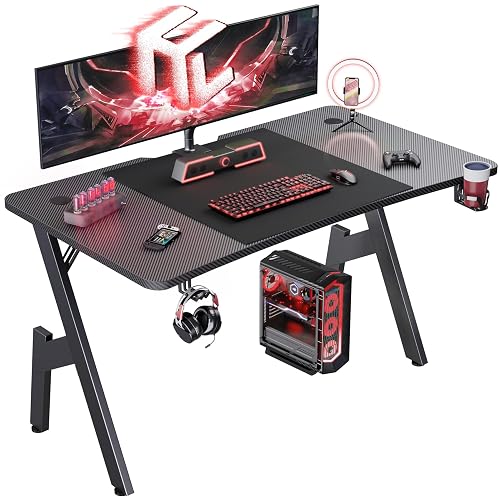 HLDIRECT 47 Inch A-Shaped Gaming Desk with Carbon Fiber Surface, Black | Ergonomic curved design, 200 lb capacity, cable management, cup holder, headphone hook & mouse pad, for home office & gaming