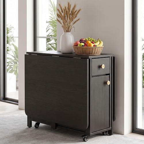 CIPKAD Folding Drop Leaf Dining Table with 4 Chairs & Storage, Black | Fully Assembled, 4 Chairs Included, Space Saving, Hidden Chair Storage, 4 Lockable Wheels, Solid Wood, Black Finish